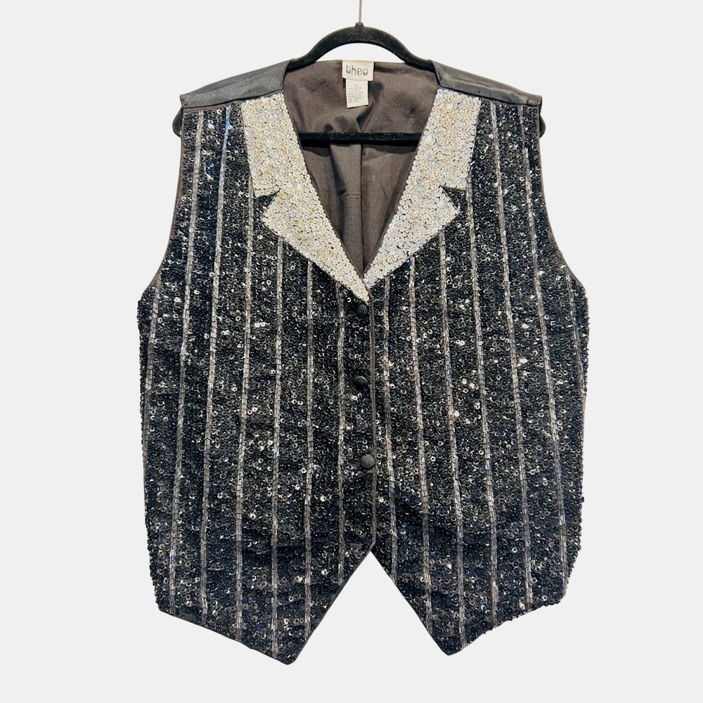 Vintage retro sequin beaded 90s tuxedo vest stripe black silver THEO 1x xl shiny